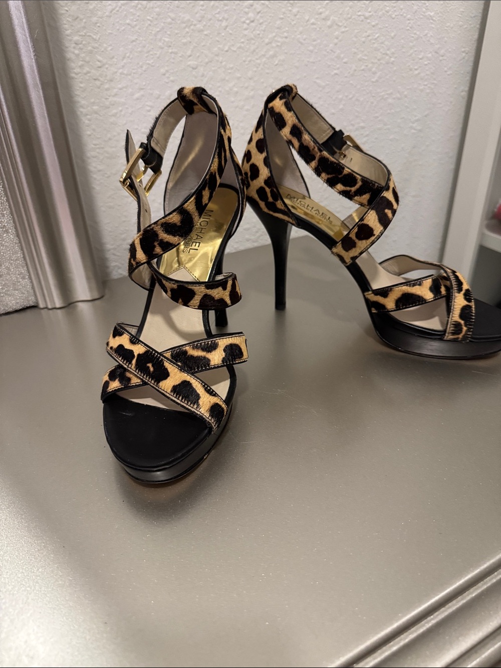 MICHAEL Michael Kors Leopard-Print Strappy Sandals with Black and Gold Accents - Picture 2 of 6